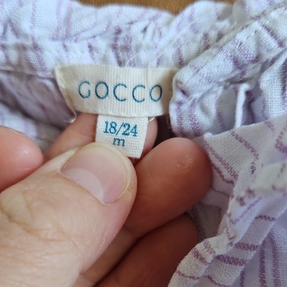 Gocco Charming Ruffle Sleeve Kids Linen Blouse in White and Lavender Stripes - Picture 2 of 7